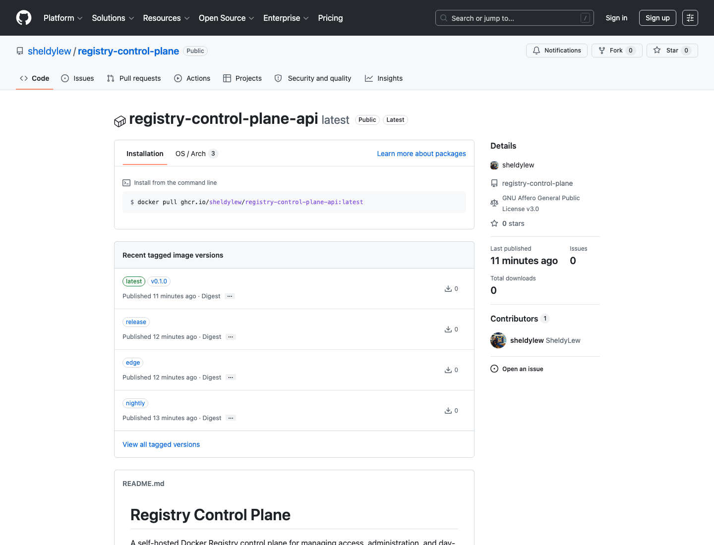Public GitHub package page for the registry-control-plane-api image