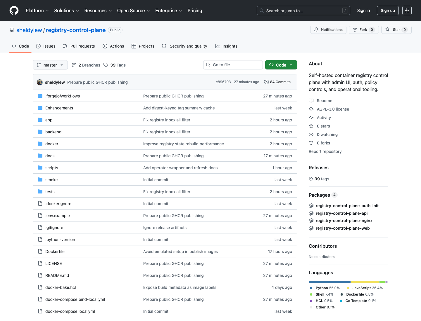 Public GitHub repository page for sheldylew/registry-control-plane
