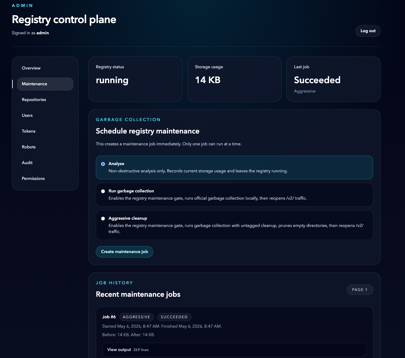 Registry control plane maintenance view